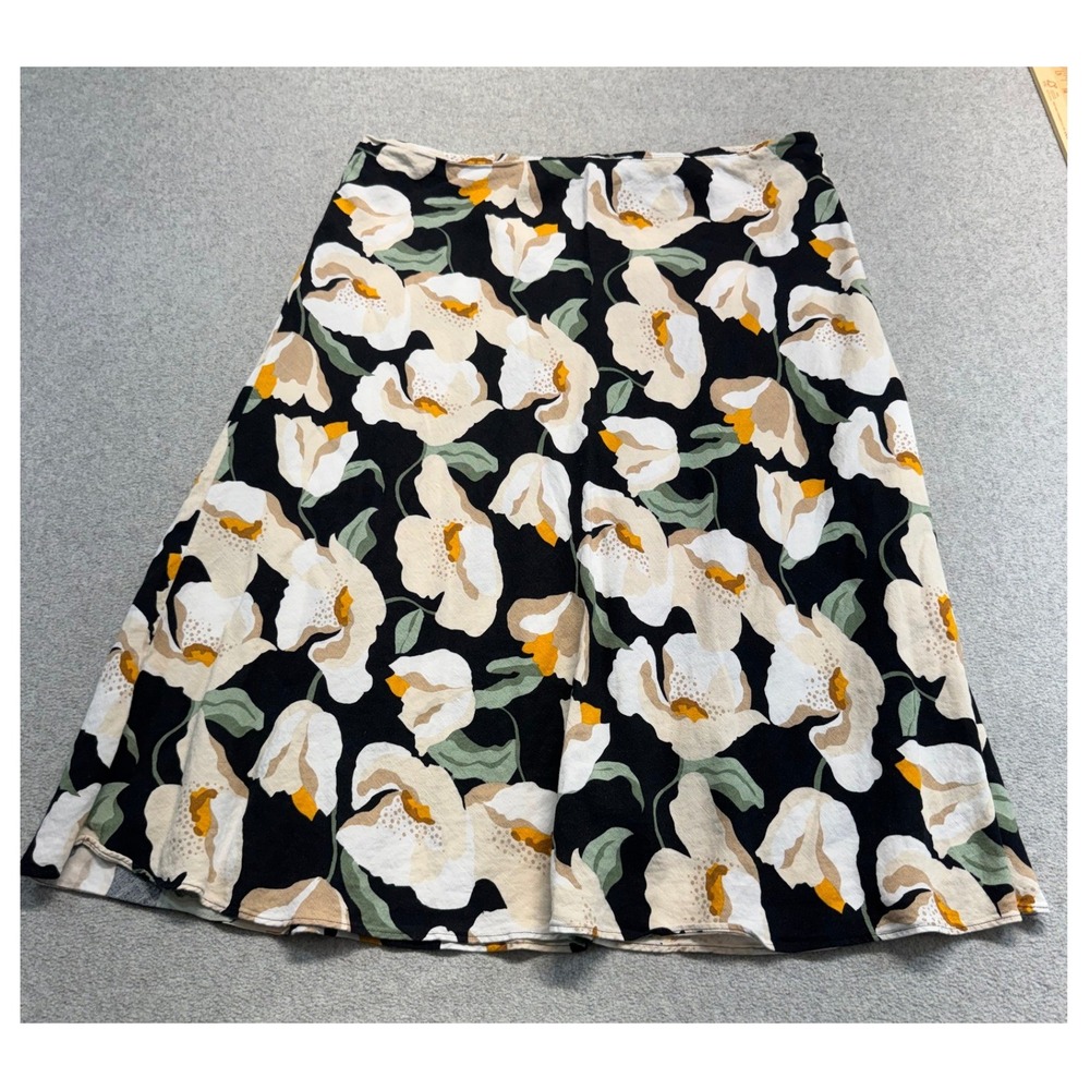 Ann Taylor Factory Floral A-Line Midi Skirt Womens Size 14 Black Multi Side Zip